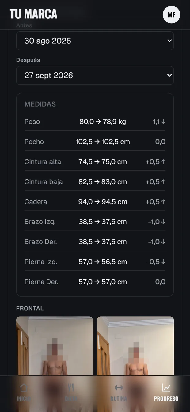 El progreso en la app: las medidas de un mes a otro y la comparativa de fotos