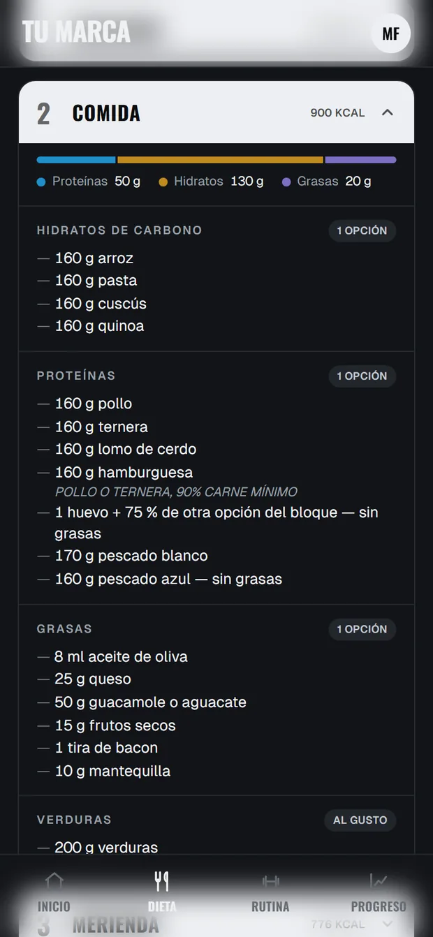 La dieta en la app: una comida con las opciones de cada bloque y sus macros