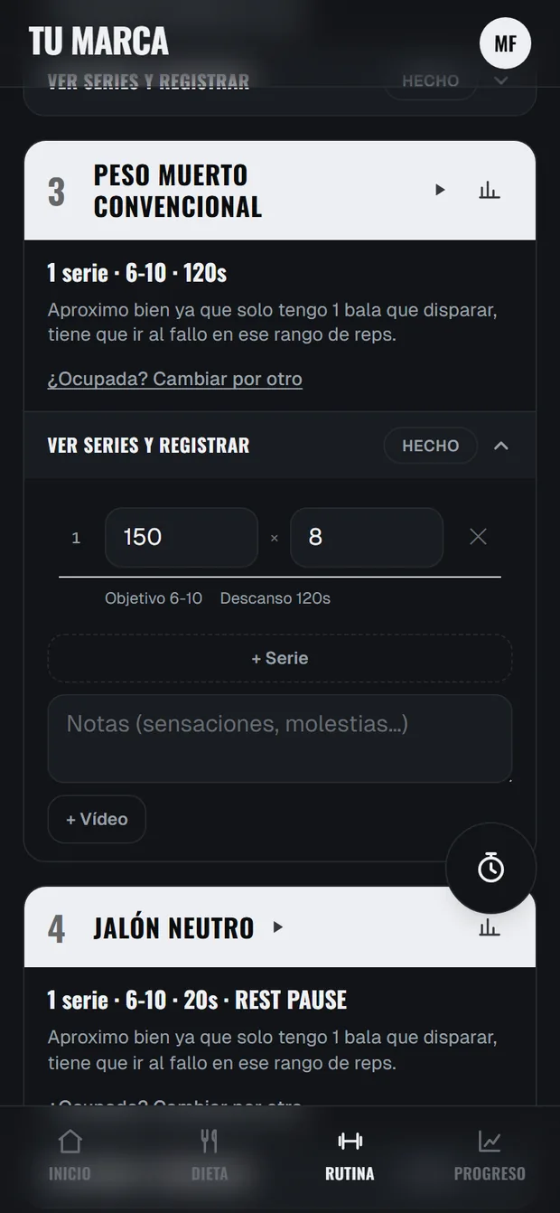 La rutina en la app: el registro de una serie y un ejercicio con técnica de intensidad
